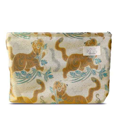 HAPPYHEIDI Cute Pouch Makeup Bag Cosmetic Toiletry Travel, Tote Purse Organizer, Machine Washable, Large Capacity, Champagn Golden Brown Baby Tiger
