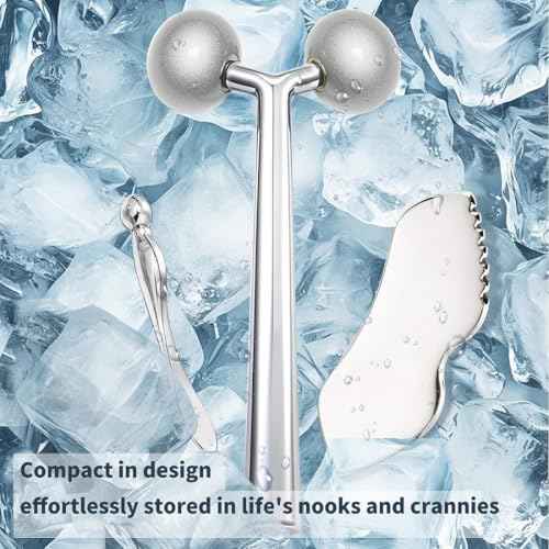 3-in-1 Stainless Steel Facial Massage Set, Face Roller, Gua Sha Tool, Eye Cream Applicator, Silver,Gifts for Women and Girl