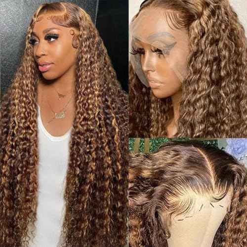 20 inch Highlight Ombre Lace Front Wig Human Hair 200 Density Honey Blonde Wig Human Hair 13x4 HD 4/27 Deep Wave Lace Frontal Wigs Pre Plucked with Baby Hair