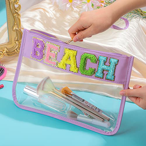 2 Pcs Chenille Letter Clear Zipper Pouch Clear Cosmetic Bag Clear Purse Clear Makeup Letter Bag Stadium Purse Bag Transparent Travel Patch Pouch (Travel Snacks, 11.8 x 8.2 Inch)