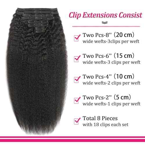 Kinky Straight Clip in Human Hair Extensions for Black Women 8Pcs 120g Seamless Kinky Straight Clip Ins 18Clips Double Weft Human Hair Full Head Hair Extensions (1B 22 Inch)
