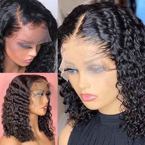 14 Inch Deep Wave Bob Wig Human Hair Glueless 13x6 Lace Front Wigs Human Hair Wigs for Black Women Pre Plucked 200 Density HD Short Curly Lace Frontal Wig Natural Black