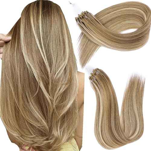 Microlink Hair Extensions Human Hair,22 Inch #7/60 Chocolate Brown to Caramel Blonde Micro Loop Microbead Micro Link Hair Extensions Human Hair Invisible Straight 30g/30s