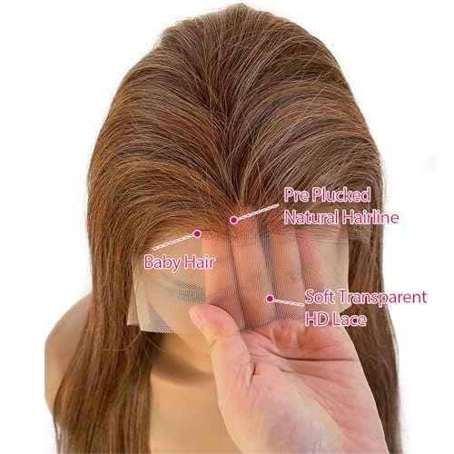 13x6 Lace Front Wigs Human Hair, 28¡± HD Transparent Lace Frontal Wigs Pre Plucked with Baby Hair Brown Highlights 150% Density 13x6 Lace Frontal Wig Glueless Human Hair Wigs for Women Natural Hairline
