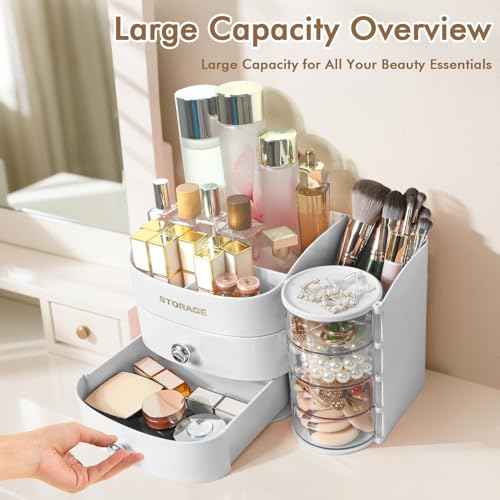 XIAPIA Makeup Organizer Countertop, Make Up Organizer for Vanity, Skincare & Cosmetic Organizers with Drawers, Bathroom Organizers Storage for Brush Holder|Lipstick|Jewelry, Ideal Gift for Women WHITE