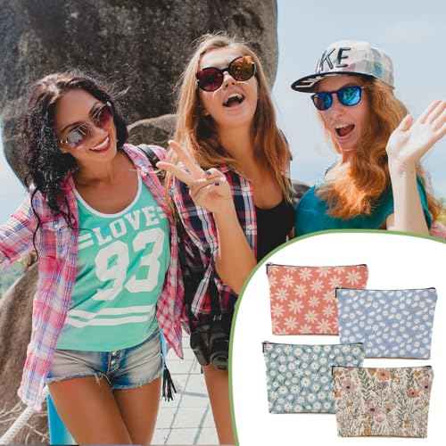 4pcs Secret Santa Gifts Vintage Floral Makeup Bag, Daisy Flower Cosmetic Bag Garden Gifts for Women Female Girls Sister BFF Nature Lover, Travel Zipper Pouch Christmas Thanksgiving Birthday Gifts