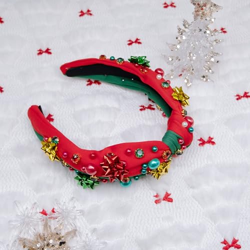 pVq Christmas Headband for Women Knotted Headband with Christmas Tree Crystal Pearl Snowflake Ribbon Xmas Holiday Hairband (Pearl Flower - Red Green, One Size)