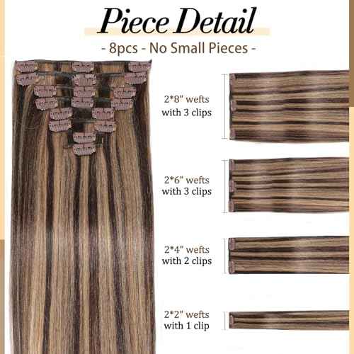 Clip in Hair Extensions Real Human Hair, 24 inch 120g, Balayage Invisible Remy Human hair Clip in Extensions for Women Seamless Straight 8Pcs Double Weft Dark Brown to Chestnut Brown