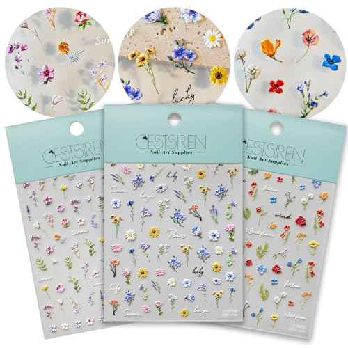 Flower Nail Art Stickers 3D Embossed Nail Decals for Nail Art Design Self-Adhesive Spring Summer Nail Accessories for Women Nail Art Supplies 3 Sheets
