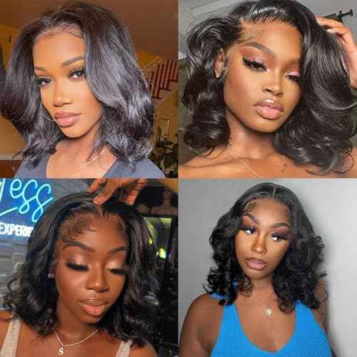 Bob Wig Human Hair 12 Inch 13x4 Lace Front Wigs Human Hair Pre Plucked 200% Density Short Body Wave Bob Wig Natural Color Glueless Bob Wigs for Black Women 12 Inch