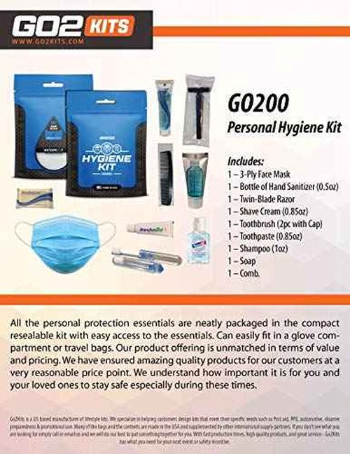Go2Kits Ultimate Travel Toiletry Kit & PPE Kit, Hygiene Kit with Shaving Supplies & PPE for Travel, Business & Charity with Reusable Toothbrush, Bath Soap & Other Essential Toiletries, 3-Pack (GO200)