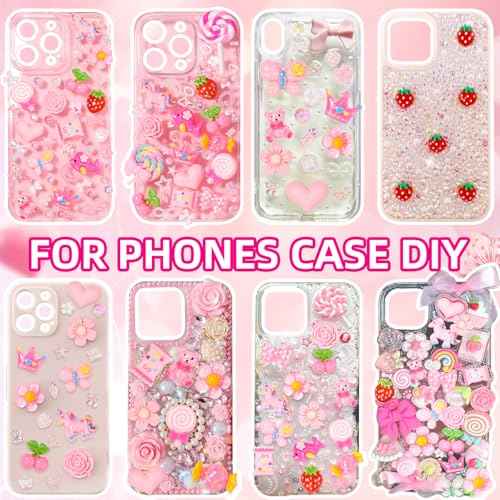 Junk Case Charms Kit, Pink White Pearls Resin Rhinestones Bedazzling Kit, Cute Candy Bear Cartoon Phone Cases Charms, Junk Case with Big Charm for Crafts Nail Art DIY Accessories