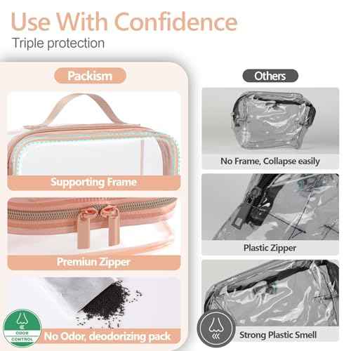 PACKISM Clear Makeup Bag - 2 Pack TSA Approved Toiletry Bag with Handle and 180¡Æ Large Opening, Clear Toiletry Bag Fit Carry-on Travel Essential, Travel Bags for Toiletries, Rose Pink