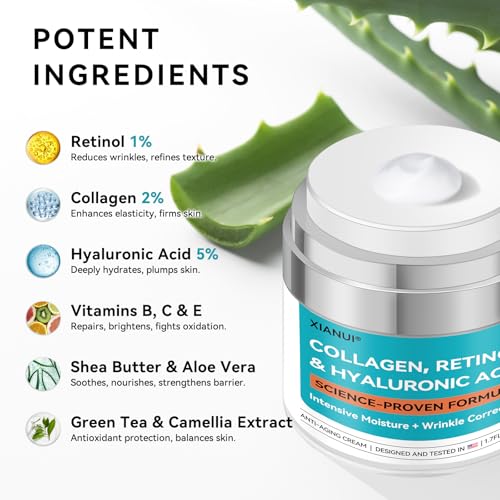 Retinol, Collagen & Hyaluronic Acid Face Cream - Anti-Aging Moisturizer for Face, Neck & D?collet? - Deep Nourishing, Firming & Wrinkle Reduction - Day & Night Use, 1.7 fl.oz.