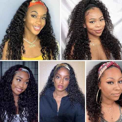 XSY Headband Wig Human Hair Deep Wave 18 Inch Curly Headband Human Hair Wigs for Black Women Glueless None Lace Front Wig 150% Density Natural Black Color