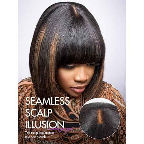 LUVME HAIR 10 Inch Yaki Straight Bob Wig with Bangs Human Hair Glueless HD Lace Bob Wig with Brown Highlights, Ready to Go Short Wigs For Women 180 Density (Breathable Cap)