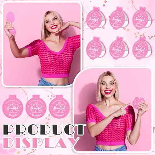 18 Pcs 2.76 Inch Inspirational Compact Mirror Bulk Party Favors Quinceanera Gift Purse Small Mirror Pocket Mini Gifts for Women Adult Coworker Halloween Christmas Friends (Pink)