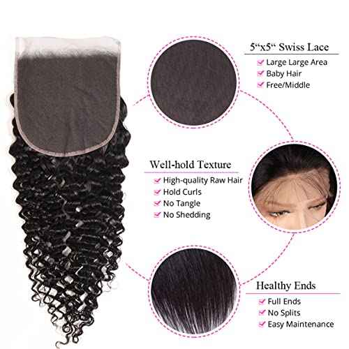 Brazilian Deep Wave 5x5 Lace Closure 100% Unprocessed Human Virgin Hair Deep Curly Free Part Closure Pre-Plucked Hairline Loose Deep Closure Natural Black Baby Hair (18inch, 5x5 deep wave closure)