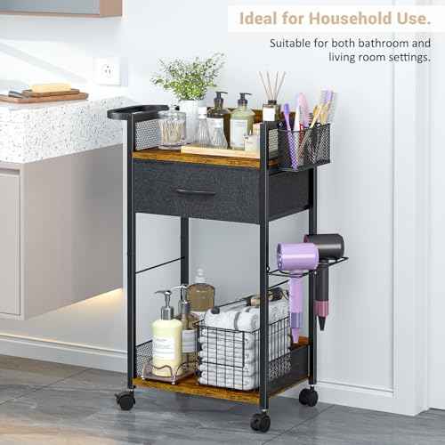 Salon Trolley Cart with Wheels, Mobile Hair Stylist Station with Metal Tool Holder & Basket, Rolling Barber Table with Fabric Drawer, Storage for Salon, Barbershop, Spa & Tattoo, Black