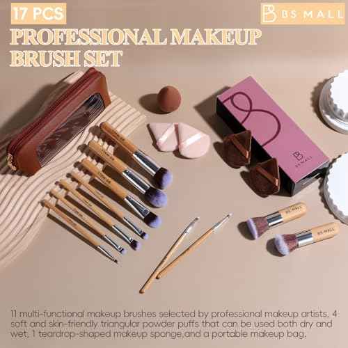 BS-MALL Makeup Brush Set 11Pcs Bamboo Synthetic Kabuki Brush Set Foundation Powder Blending Concealer Eye shadows Blush Cosmetics Brushes with Organizer Bag & Makeup Sponge (Bamboo 17)