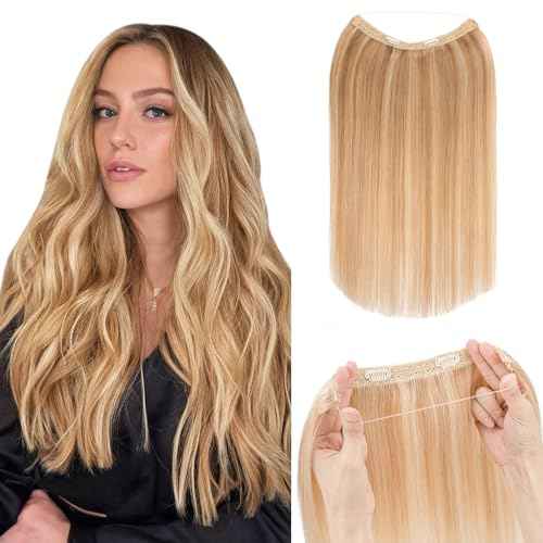 Hairro Wire Hair Extensions Human Hair, Fish Line Invisible Adjustable & Clips in Extensions Straight, 100% Real Hairpieces Seamless Blending for Women, 12 Inch 65g Golden Brown Mix Bleach Blonde