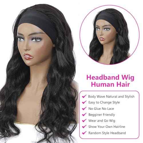 Sungirl Headband Wig Human Hair Body Wave Headband Wigs for Black Women 26 Inch None Lace Front Wig Wear and Go Glueless Machine Made Brazilian Virgin Body Wave Natural Color