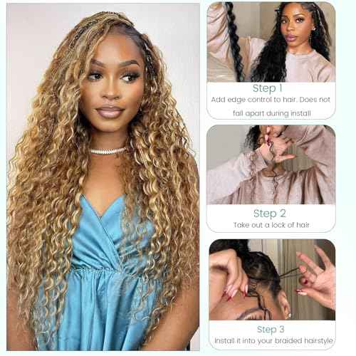 Ombre Blonde Water Wave Human Braiding Hair Highlights Colored Curly Braiding Human Hair No Weft Bulk Hair for Knotless Bohemian Box Braids Wet and Wavy Braiding Hair 100 Grams 22in