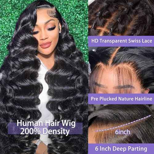 13x6 Lace Front Wigs Human Hair 200 Density Body Wave HD Lace Front Wigs Human Hair Pre Plucked Natural Color Glueless Wigs for Women 30 Inch