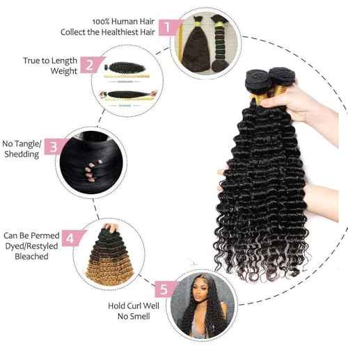 Deep Wave Bundles with Closure Human Hair 20 22 24 inch Wavy Curly Hair Extensions 5x5 HD Lace Closure Free Part 100% Unprocessed Virgin Hair with Closure