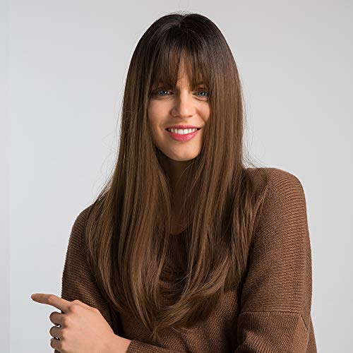 HAIRCUBE Brown Wigs for Women Highlight Color Wigs Synthetic Women's Wig Long Straight Layered Heat Resistant Wig Natural and realistic (167-12/35)