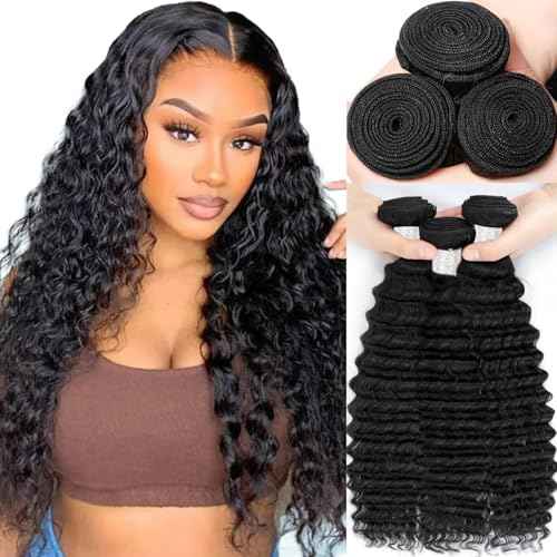 12A Brazilian Deep Wave Human Hair 3 Bundles 10 12 14 Inch 100% Unprocessed Brazilian Virgin Human Hair Weave Bundles Curly Wave Hair Extensions Natural Color