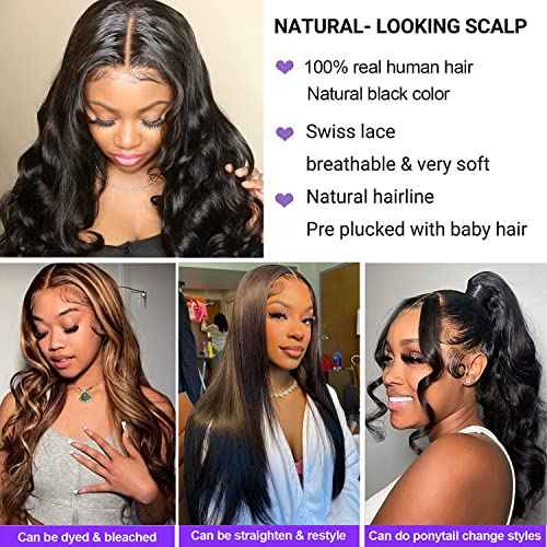 Body Wave Lace Front Wigs Human Hair Pre Plucked Glueless 13x4 HD Lace Frontal Wig with Baby Hair 180% Density Brazilian Virgin Human Hair (34 Inch) Lace Front Wigs for Black Women Natural Black
