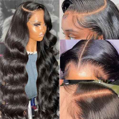 SWEETGIRL Human Hair Body Wave Wig 13x6 HD Lace Front Wig, Pre Plucked, Natural Black, 26 Inch, 180 Density