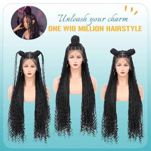 Kalyss 13x8 HD Lace Front Braided Wigs Boho Braided Wigs for Women Knotless Braid Wig with Baby Hair Box Braid wigs Long Premium Synthetic Wig Black 36 Inch