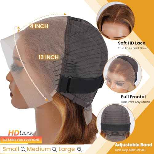 4/27 Highlight HD Lace Front Wigs Human Hair Pre Plucked 13x4 Body Wave Frontal Wig with Baby Hair 180% Density Ombre Brown and Honey Blonde Human Hair Wigs for Black Women 22 Inch