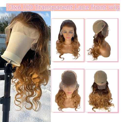 Highlight 13x6 HD Transparent Lace Front Wigs Human Hair Ombre P4/27 Colored Honey Blonde Frontal Wigs 150% Density Balayage Body Wave Human Hair Lace Frontal wig Pre Plucked with Baby Hair for Women