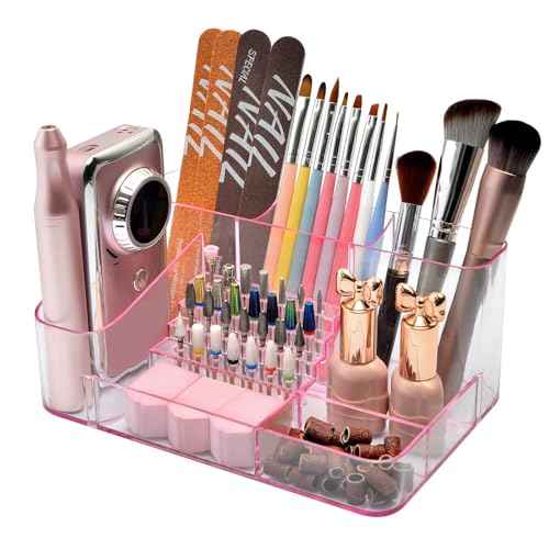 ANRUI Nail Drill Holder, 28 Holes Acrylic Nail Drill Bit Holder, Professional Nail Drill Desk Organizer Case and Storage Box for Manicure Tools - Pink (Not included Tools)