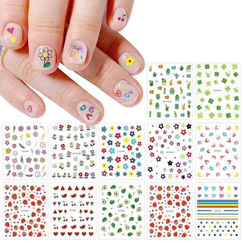 JMEOWIO 14 Sheets Cute Nail Stickers for Kids Nail Art Stickers Decals Self-Adhesive Pegatinas U?as Rainbow Flower Fruit Nail Supplies Nail Art Design Decoration Accessories