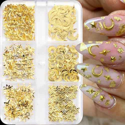Gold Nail Charms, 2Boxes Gold Star Ocean Nail Gems Charms, Metal Small Star Moon Seashell Starfish Summer Charms for Acrylic Nail Art Alloy Nail Rhinestones for Women DIY Accessories