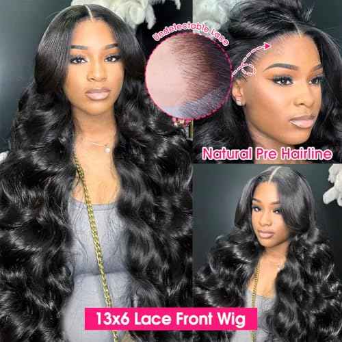 Wingirl 13x6 Body Wave Lace Front Wigs Human Hair Pre Plucked 180 Density HD Transparent Full Lace Frontal Wigs Human Hair for Women Natural Black Color 20Inch