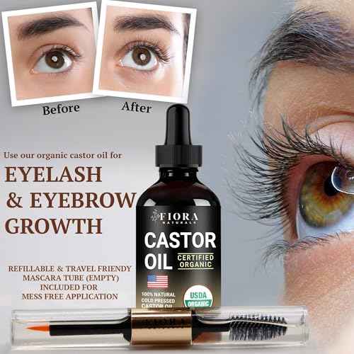 Organic Castor Oil for Eyelashes, Eyebrows, Hair & Face ? Cold Pressed Hexane Free 100% Pure Aceite De Ricino Organico, Lash & Brow Serum with Refillable Mascara Tube (unfilled), 1oz Glass Bottle