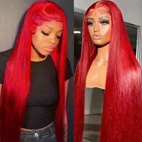 13x6 Red Synthetic Lace Front Wigs Long Straight Hair Red Color Wigs Pre Plucked Wig Natural Hairline Glueless Lace Wigs Heat Resistant Fiber Hair Synthetic Lace Front Wigs for Women Daily Use