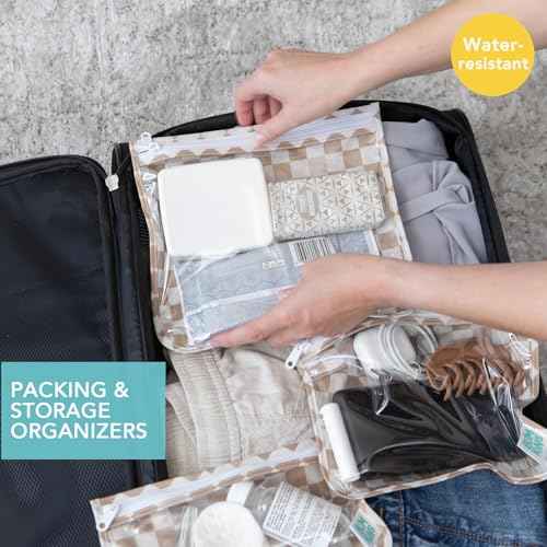 Bumkins Travel Bag, Toiletry, TSA Approved Pouch, Zip Bag, Quart Size Airline Compliant, Clear-Sided, Baby, Diaper Bag Organization, Makeup, Accessories, Packing, Set of 3 Sizes, Beige Check