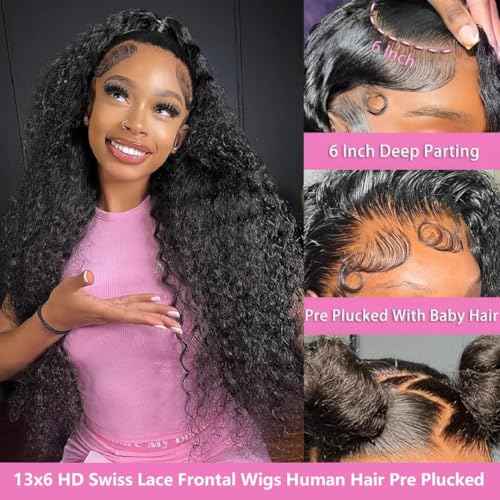 30 Inch 13x6 Deep Wave Lace Front Wigs Human Hair 200 Density 13x6 HD Lace Front Wigs Human Hair Pre Plucked Deep Curly Glueless Wig 100% Virgin Human Hair Lace Front Wigs for Women