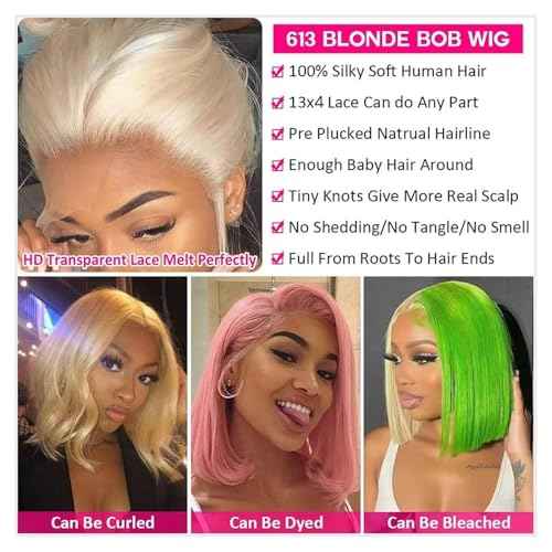 613 Lace Front Wigs Human Hair 200% Density 13x4 HD Lace Frontal Wig Pre Plucked With Baby Hair Glueless Short Straight Bob Wigs for Women (Blonde, 16 inch)