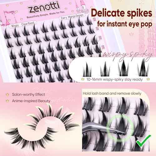 Manga Lash Clusters Kit Anime Lashes Cluster Kit Natural Wispy Eyelash Clusters Kit Spiky Fairy Individual Lashes Cluster with Spikes Invisible Clear Band DIY at Home 10-16MM by zenotti