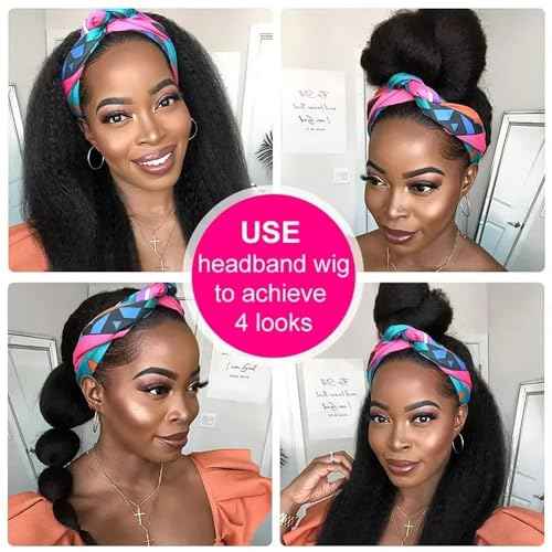 TNICE Kinky Straight Headband Wig Human Hair 26 Inch Headband Wigs for Black Women Glueless None Lace Front Yaki Straight Human Hair Headband Wig Brazilian Virgin Hair Wigs Natural Black 180% Density