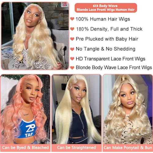 613 Lace Front Wig Human Hair 13x4 HD Transparent Blonde Lace Front Wigs Human Hair 24inch Blonde Body Wave Lace Front Wigs Human Hair Pre Plucked Glueless Blonde Wig Human Hair 180% Density
