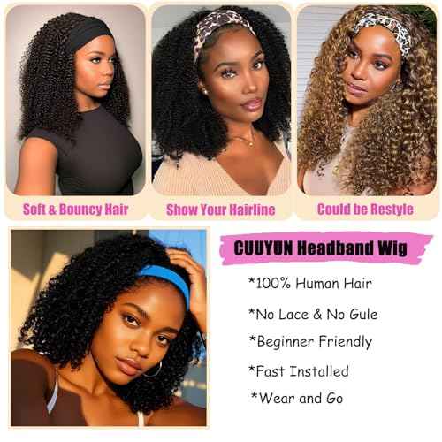 Headband Wig Human Hair Kinky Curly Headband Wigs for Black Women 22 Inch Human Hair Headband Wig Curly Headband Human Hair Wig Half Wigs 150% Density Natural Black Color