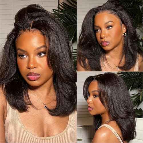Julia Hair 12 Inch Light Yaki Straight Bob Wig 100% Human Hair Glueless Bye Bye Knots 7x5 Hd Lace Pre Cut Plucked Short Wig Natural Color Straight Bleached Knots Side Part Black Wigs